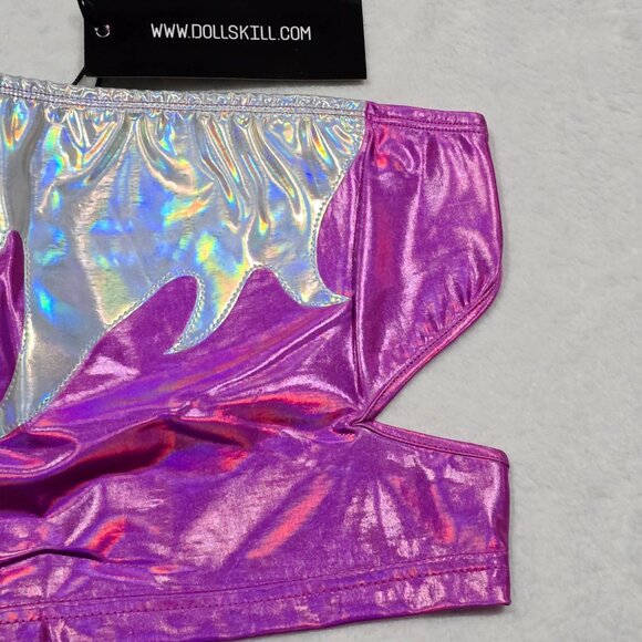 Club Exx ✦ Metallic Holographic Flame Tube Top ✦ Crop Purple & Silver Size L NWT - Picture 4 of 8